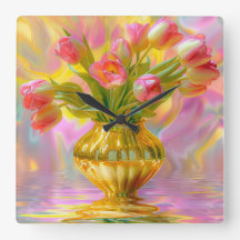 Tulipanes rosados vibrantes en la caja dorada