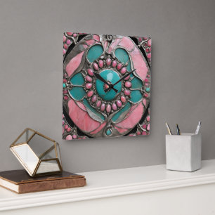 Reloj Cuadrado Turmalina y Turquesa Ornamentada en Plata Arte