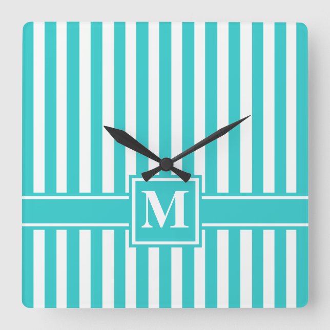 Reloj Cuadrado Turquoise Modern Stripe with Monogram (Anverso)