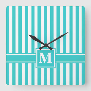 Reloj Cuadrado Turquoise Modern Stripe with Monogram