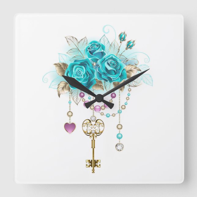 Reloj Cuadrado Turquoise Roses with Keys (Anverso)