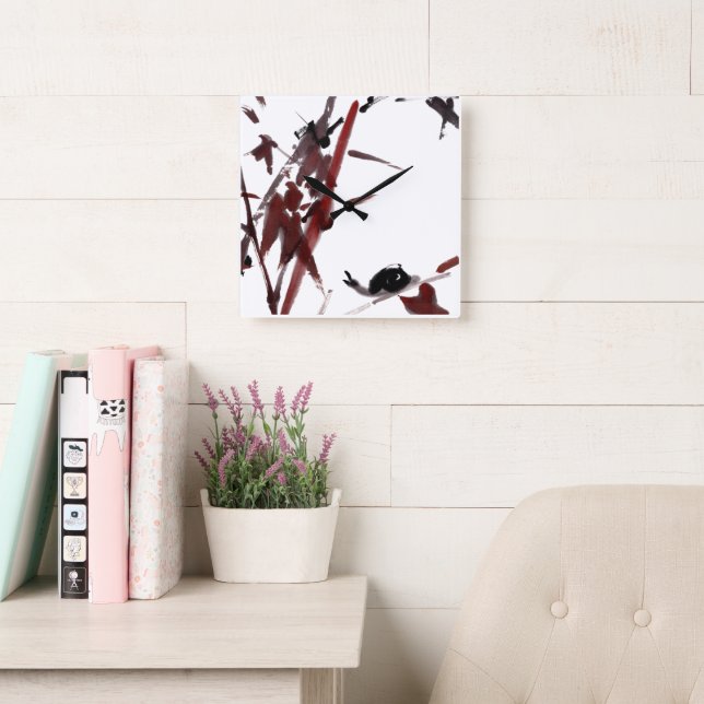 Reloj Cuadrado Tuschekunst mit Schnecke und Rotem Bambus (Sala de lectura)