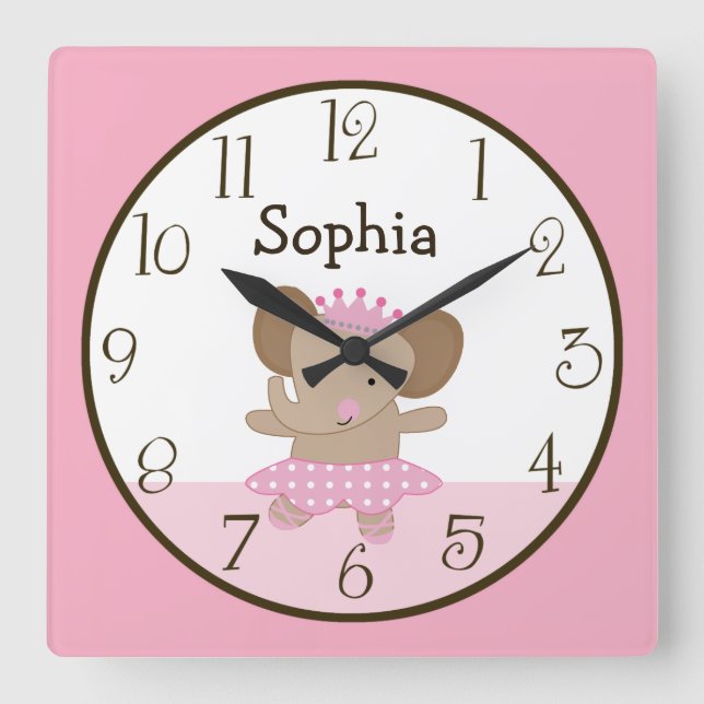 Reloj Cuadrado Tutu Cute/Elephant Ballerina Clock (Anverso)