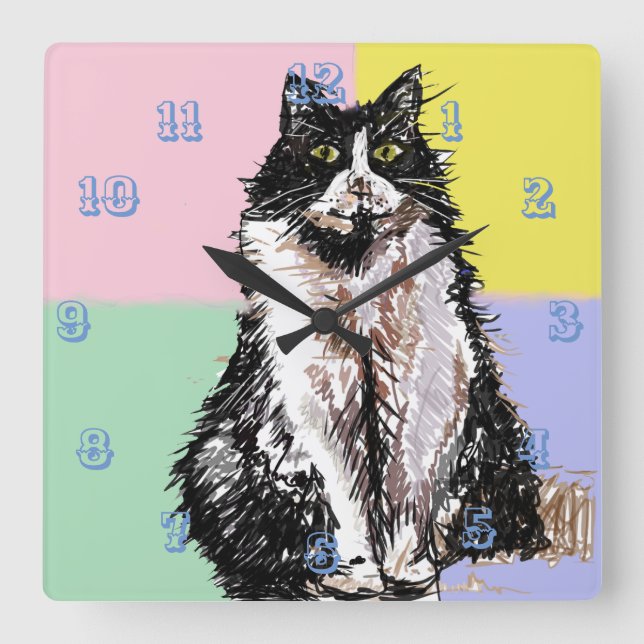 Reloj Cuadrado Tuxedo Cat Cute Gatos Niños Chicas Pastel Sala (Anverso)