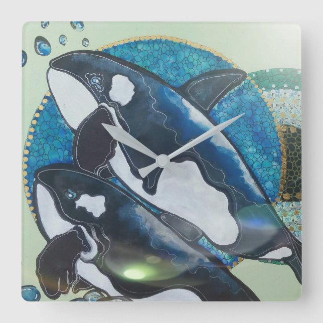 Reloj Cuadrado Twin orcas (Anverso)