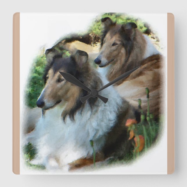 Reloj Cuadrado Two Sable Rough Collies Art Gifts (Anverso)