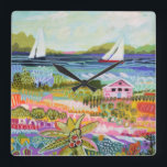 Reloj Cuadrado Two Sailboats and Cottage<br><div class="desc">Two Sailboats and Cottage I by Karen Fields. Bright,  fun scene with flowers,  trees,  a cottage,  and sailboats out on the water.</div>