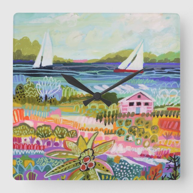 Reloj Cuadrado Two Sailboats and Cottage (Anverso)
