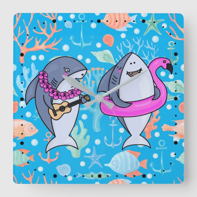 Reloj Cuadrado Ukulele, Fiesta de coral submarino de tiburón grac (Anverso)