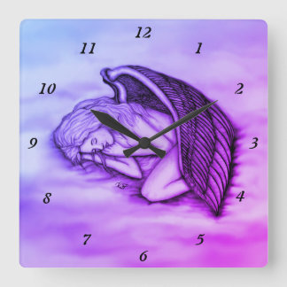 Reloj Cuadrado Un ángel dormido en las nubes celestiales de rosa