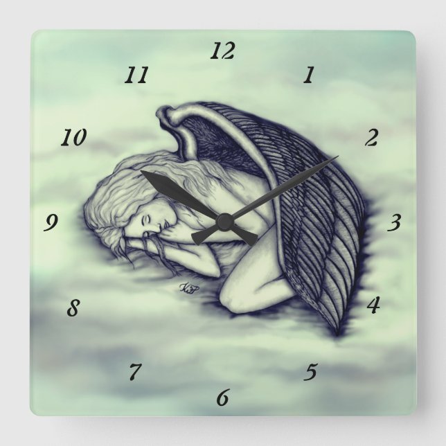 Reloj Cuadrado Un ángel durmiente en las nubes del cielo en verde (Anverso)
