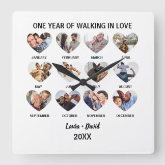 Reloj Cuadrado Un año caminando en el amor Collage de 12 fotos de