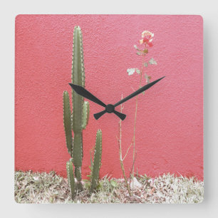 Reloj Cuadrado Un cactus y un rosa