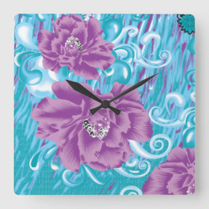 Reloj Cuadrado Un diseño textil vibrante con púrpura y turq