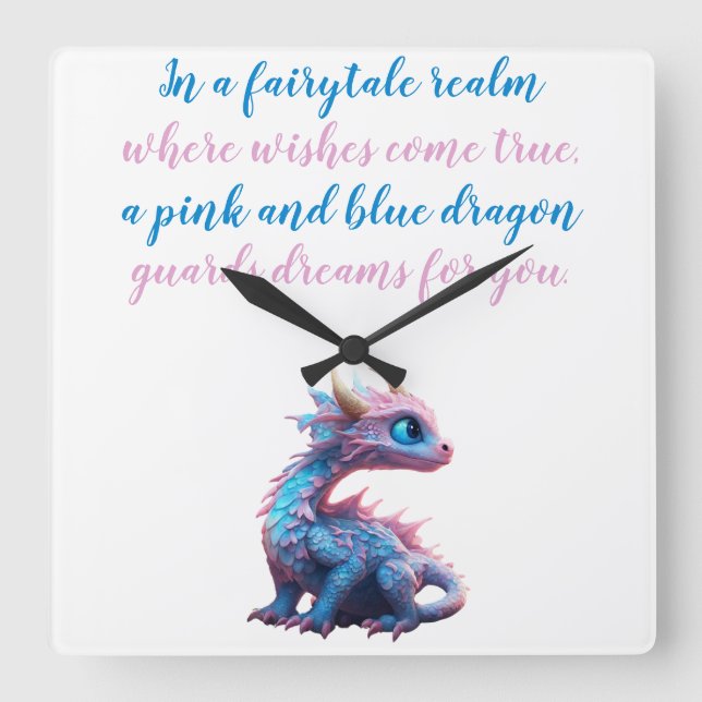 Reloj Cuadrado Un dragón rosa y azul te guarda sueños (Anverso)