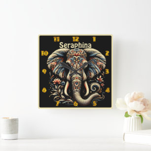 Reloj Cuadrado Un elefante ornamentado con motivos intrincados