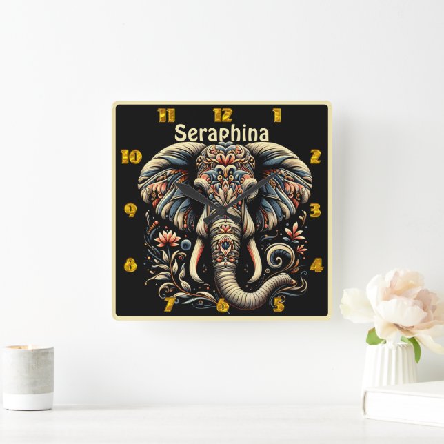 Reloj Cuadrado Un elefante ornamentado con motivos intrincados (Hogar)