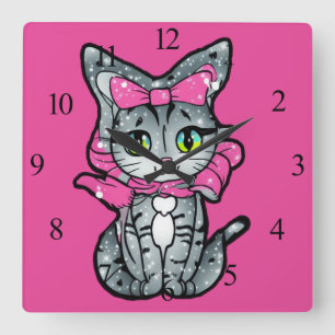 Reloj Cuadrado Un gatito kawaii con fondo rosado Purpurina
