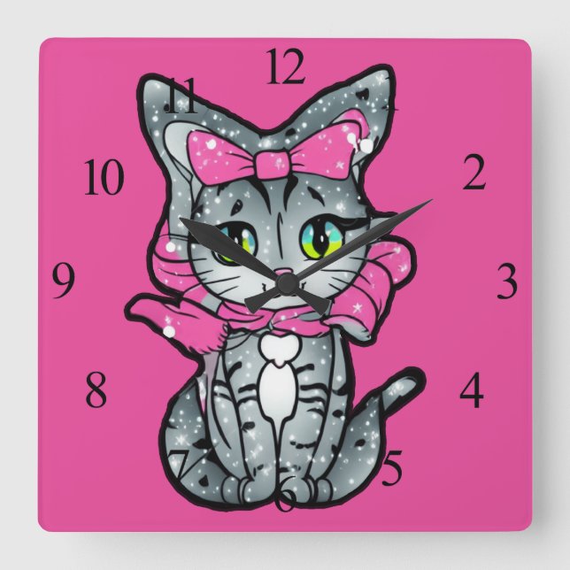 Reloj Cuadrado Un gatito kawaii con fondo rosado Purpurina (Anverso)