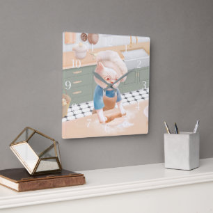 Reloj Cuadrado Un gato en el Gorra del chef, rodando la masa en l