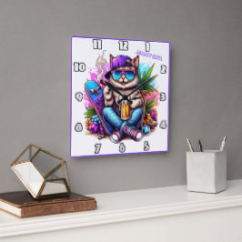 Reloj Cuadrado Un gato genial disfrutando de una vibrante escena 