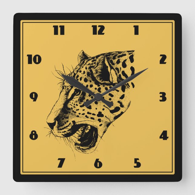 Reloj Cuadrado Un Ilustracion de leopardo negro y amarillo dibuja (Anverso)