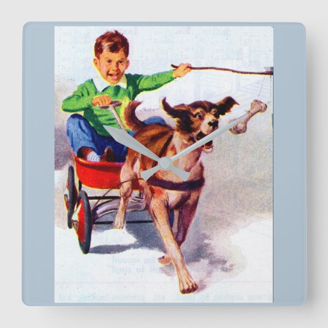 Reloj Cuadrado Un niño y su carro de perro (Anverso)
