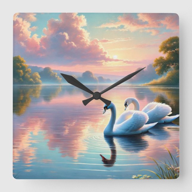 Reloj Cuadrado Un par de cisnes deslizándose en un sereno lago (Anverso)