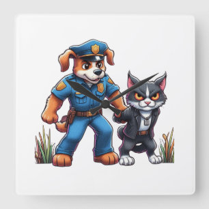Reloj Cuadrado un perro policía y un gato malo - humor