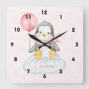 Reloj Cuadrado Un Pingüino Bebé Cuidado En Una Nube
