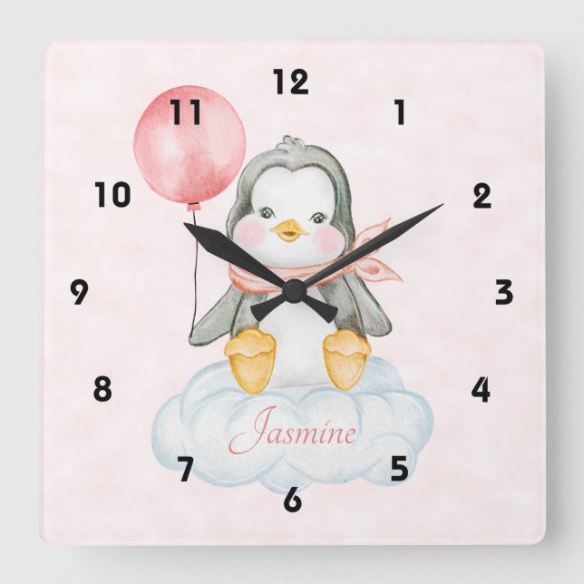 Reloj Cuadrado Un Pingüino Bebé Cuidado En Una Nube (Anverso)