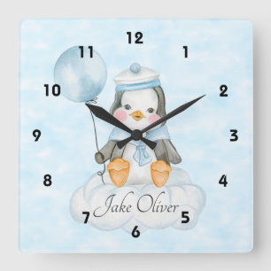 Reloj Cuadrado Un Pingüino Bebé Cuidado En Una Nube