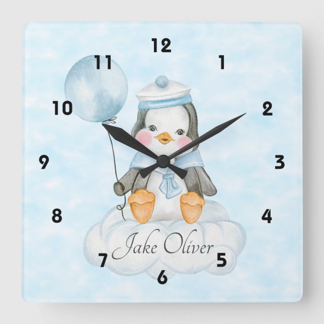 Reloj Cuadrado Un Pingüino Bebé Cuidado En Una Nube (Anverso)