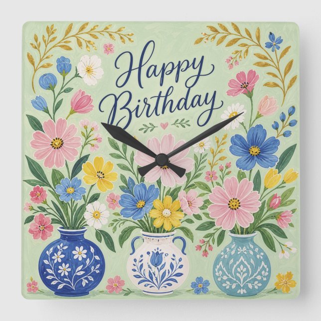Reloj Cuadrado Un trío de flores de cumpleaños (Anverso)