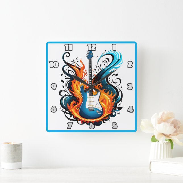 Reloj Cuadrado Una fuerte guitarra azul rodeada de llamas agitada (Hogar)
