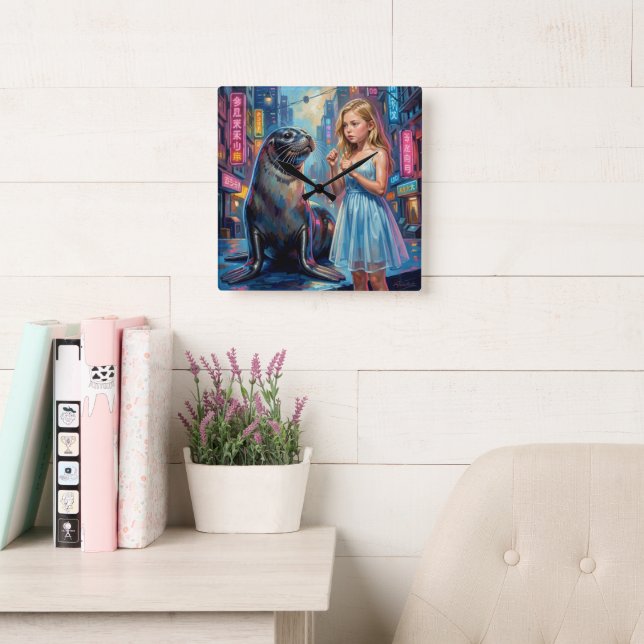 Reloj Cuadrado Una niña y una foca. (Sala de lectura)