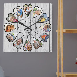 Reloj Cuadrado Una vez, 12 fotos en forma de corazón, madera gris