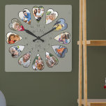 Reloj Cuadrado Una vez 12 fotos en forma de corazón verdes<br><div class="desc">Crea tu propio reloj multifotográfico para contar tu historia - el centro del reloj está marcado con "Érase una vez" en tipografía escrita a mano. Utilice la plantilla de fotos para añadir 12 de sus fotos favoritas, que se mostrarán en marcos con forma de corazón. El diseño utiliza fotos verticales...</div>