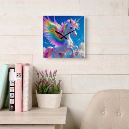 Reloj Cuadrado Unicornio danzante con alas de arcoíris