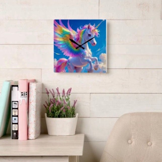 Reloj Cuadrado Unicornio danzante con alas de arcoíris (Wall Clock backside hanging slot  non-ticking design. 2 sizes: 8" diameter or 10.75" diameter.

)