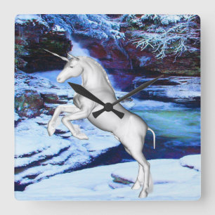 Reloj Cuadrado Unicornio en la Nieve