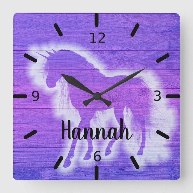 Reloj Cuadrado Unicornio morado personalizado (Anverso)