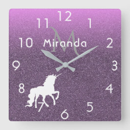 Reloj Cuadrado Unicornio sobre purpurina ultravioleta oscuro y ro