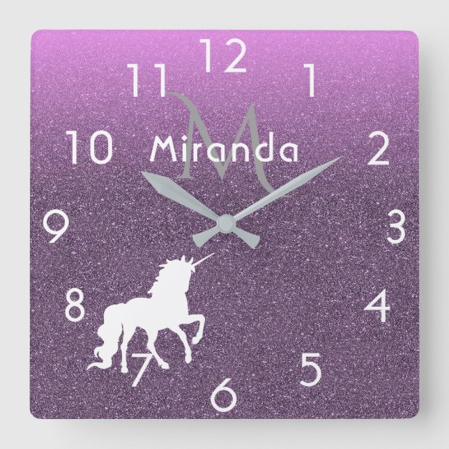 Reloj Cuadrado Unicornio sobre purpurina ultravioleta oscuro y ro (Anverso)