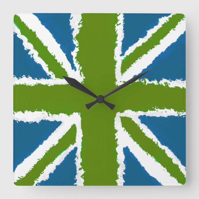 Reloj Cuadrado Union Jack Art Green Tones Verde azulados Wall Art (Anverso)