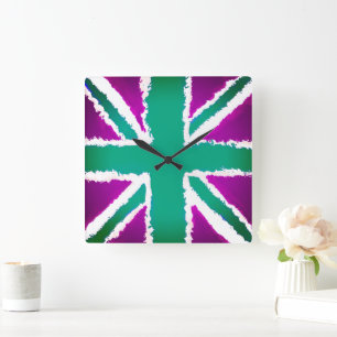 Reloj Cuadrado Union Jack Art Purple Greenl Tones Wall Art