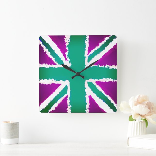 Reloj Cuadrado Union Jack Art Purple Greenl Tones Wall Art (Hogar)