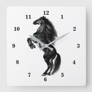 Reloj Cuadrado Upright Black Wild Horse - Black and White Drawing
