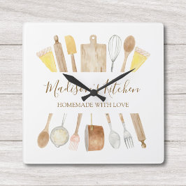 Reloj Cuadrado Utensilios de cocina personalizados con acuarela