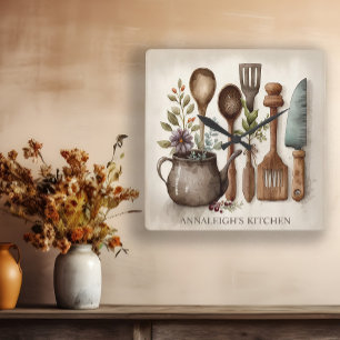 Reloj Cuadrado Utensilios de cocina vintage granja campestre nomb